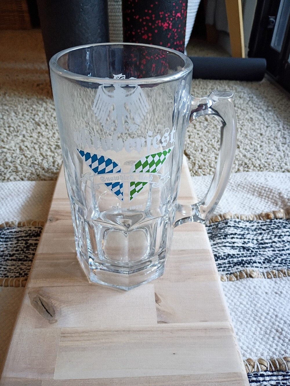 Octoberfest Glass Beer Stein with Blue and Green Crest